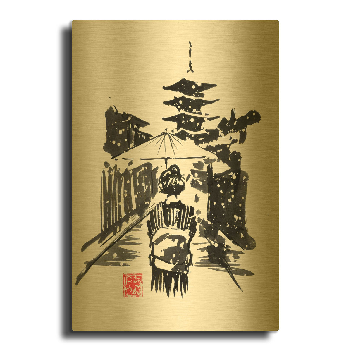 'Geisha In The Snow' By Pechane Gold Metal Wall Art
