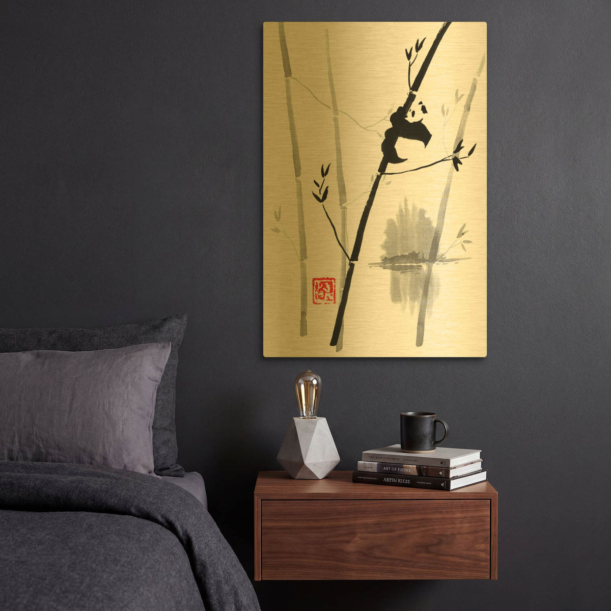 'Panda In The Tree 02' By Pechane Gold Metal Wall Art