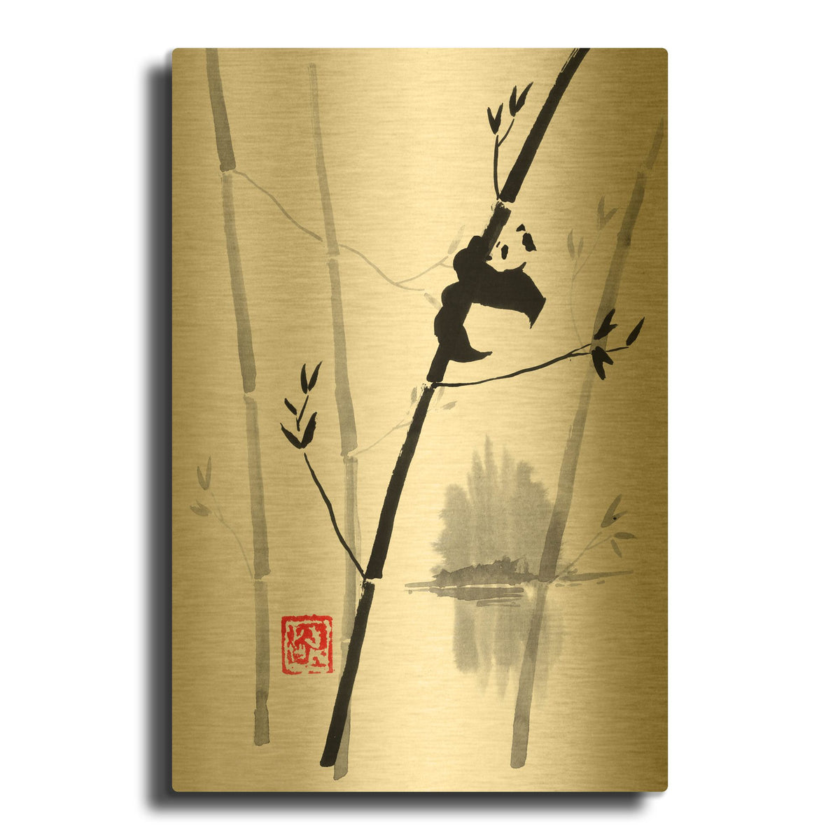 'Panda In The Tree 02' By Pechane Gold Metal Wall Art