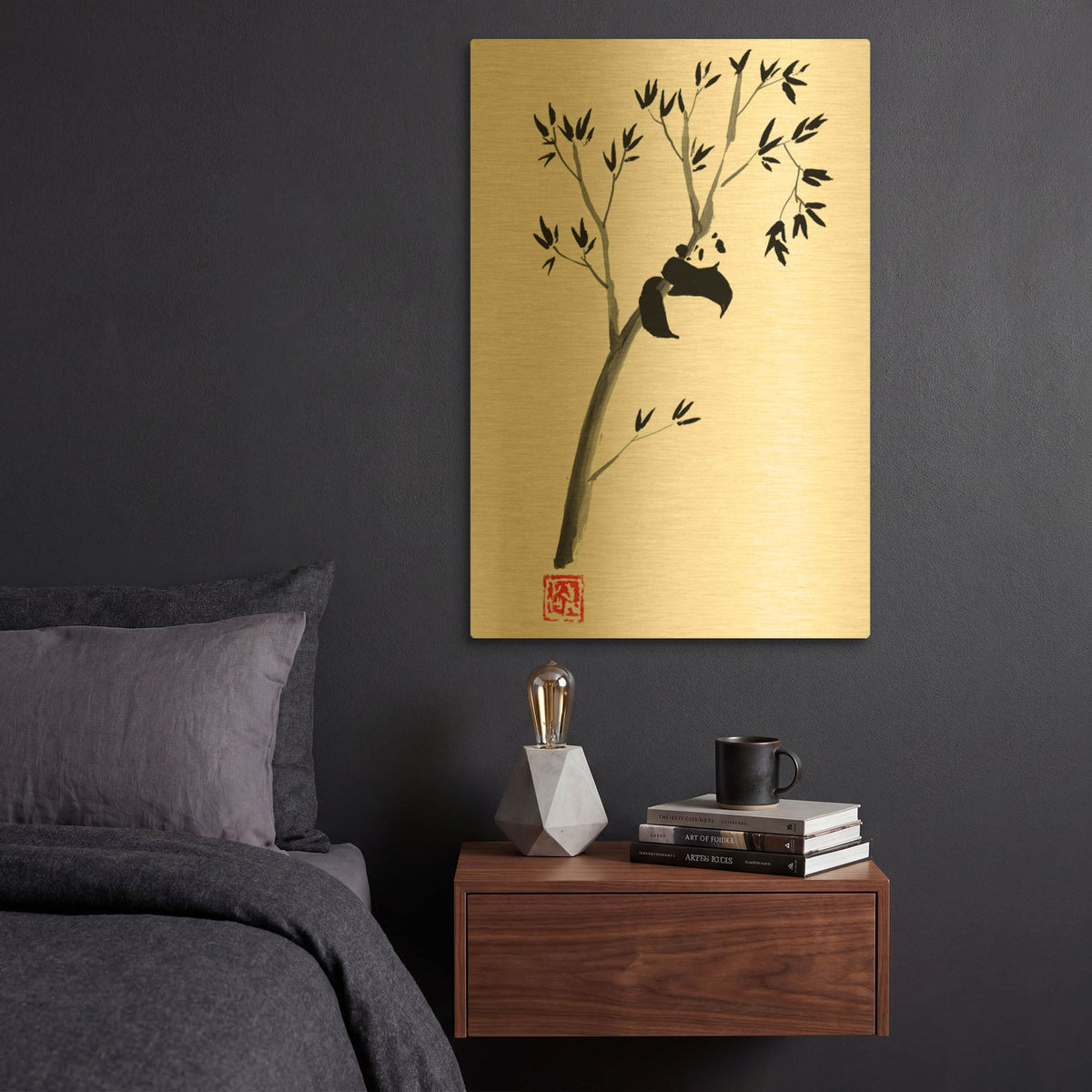'Panda In The Tree' By Pechane Gold Metal Wall Art