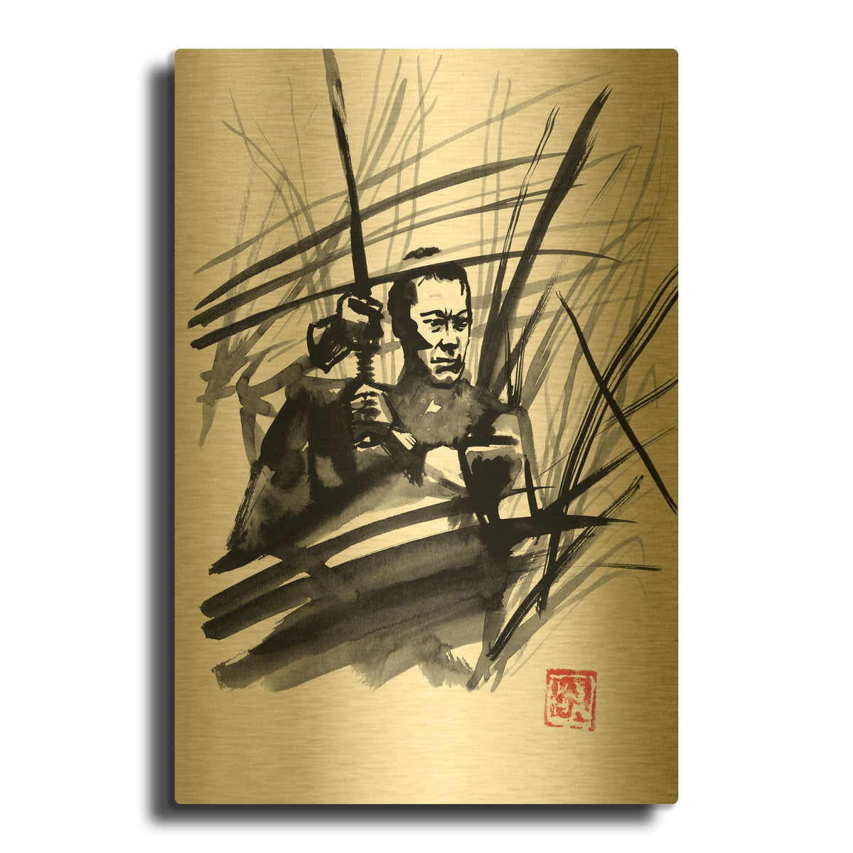 'Combat Dans Les Herbes' By Pechane Gold Metal Wall Art