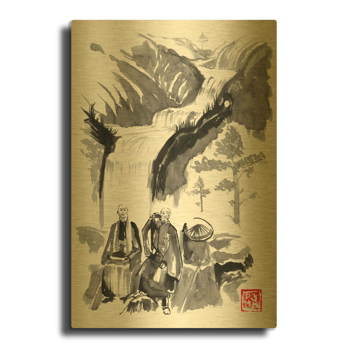 'Drinking Monks' By Pechane Gold Metal Wall Art