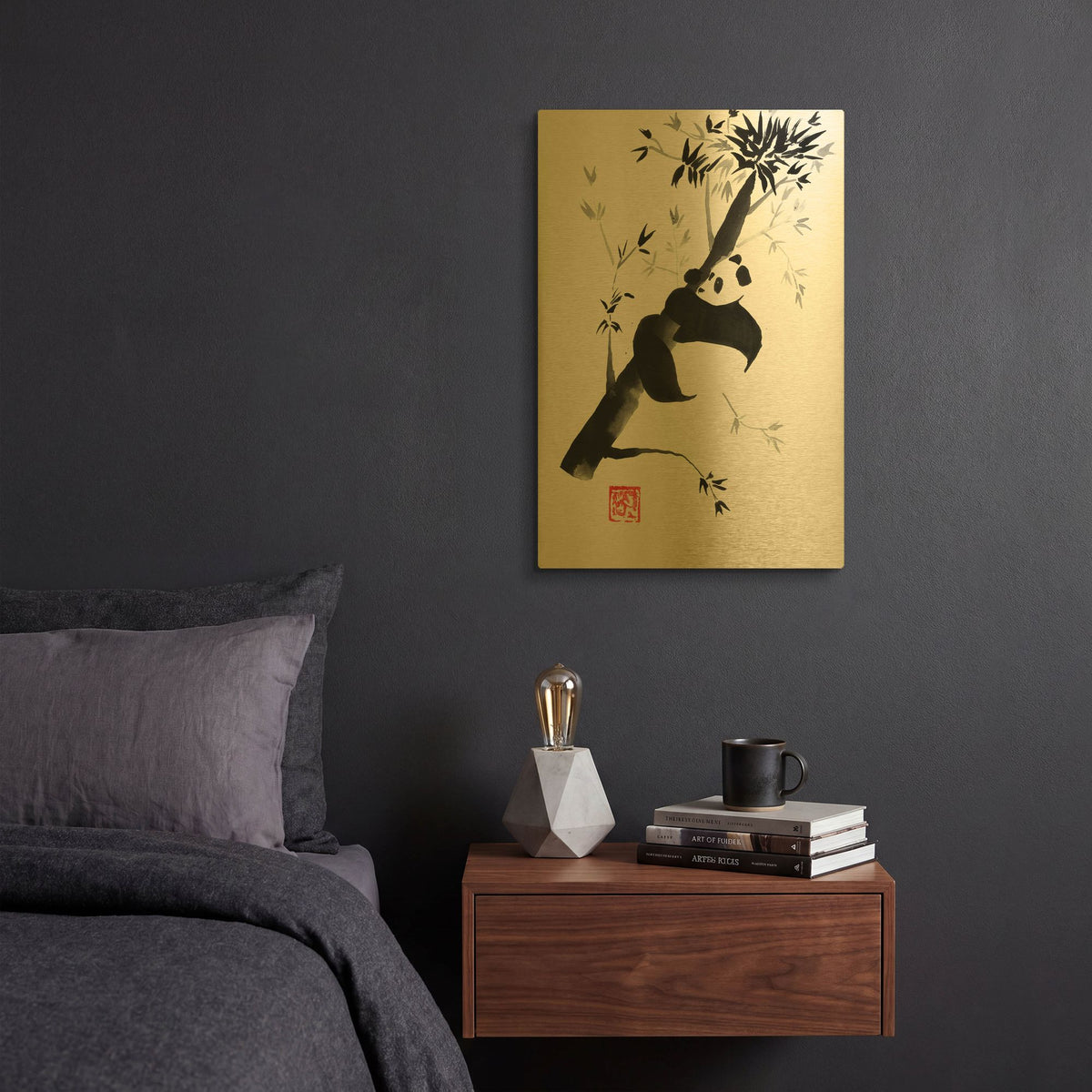 'Panda In His Tree 04' By Pechane Gold Metal Wall Art
