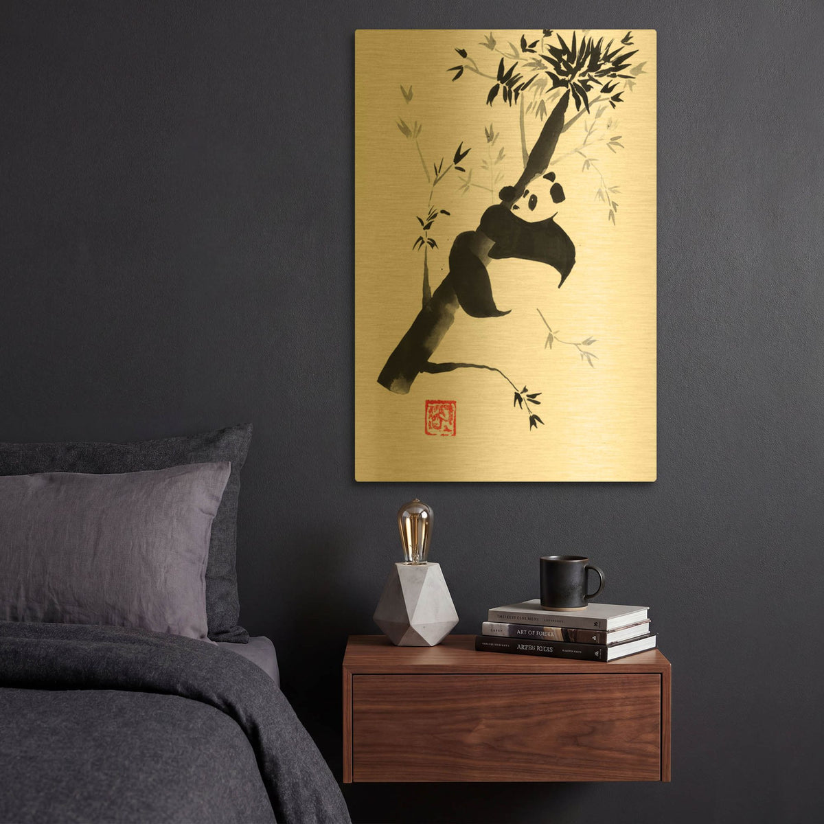 'Panda In His Tree 04' By Pechane Gold Metal Wall Art