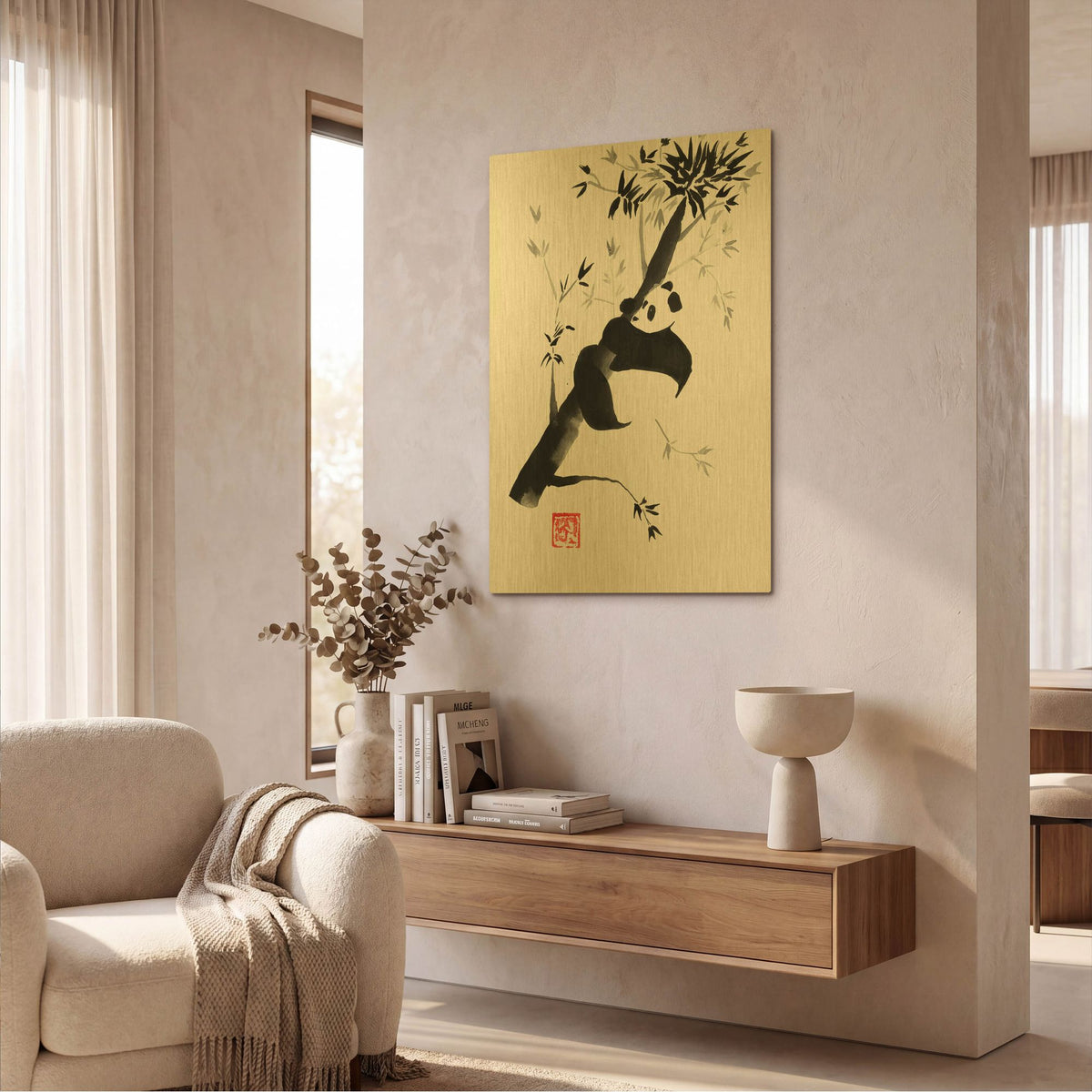 'Panda In His Tree 04' By Pechane Gold Metal Wall Art
