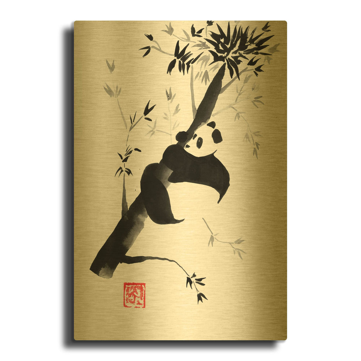 'Panda In His Tree 04' By Pechane Gold Metal Wall Art