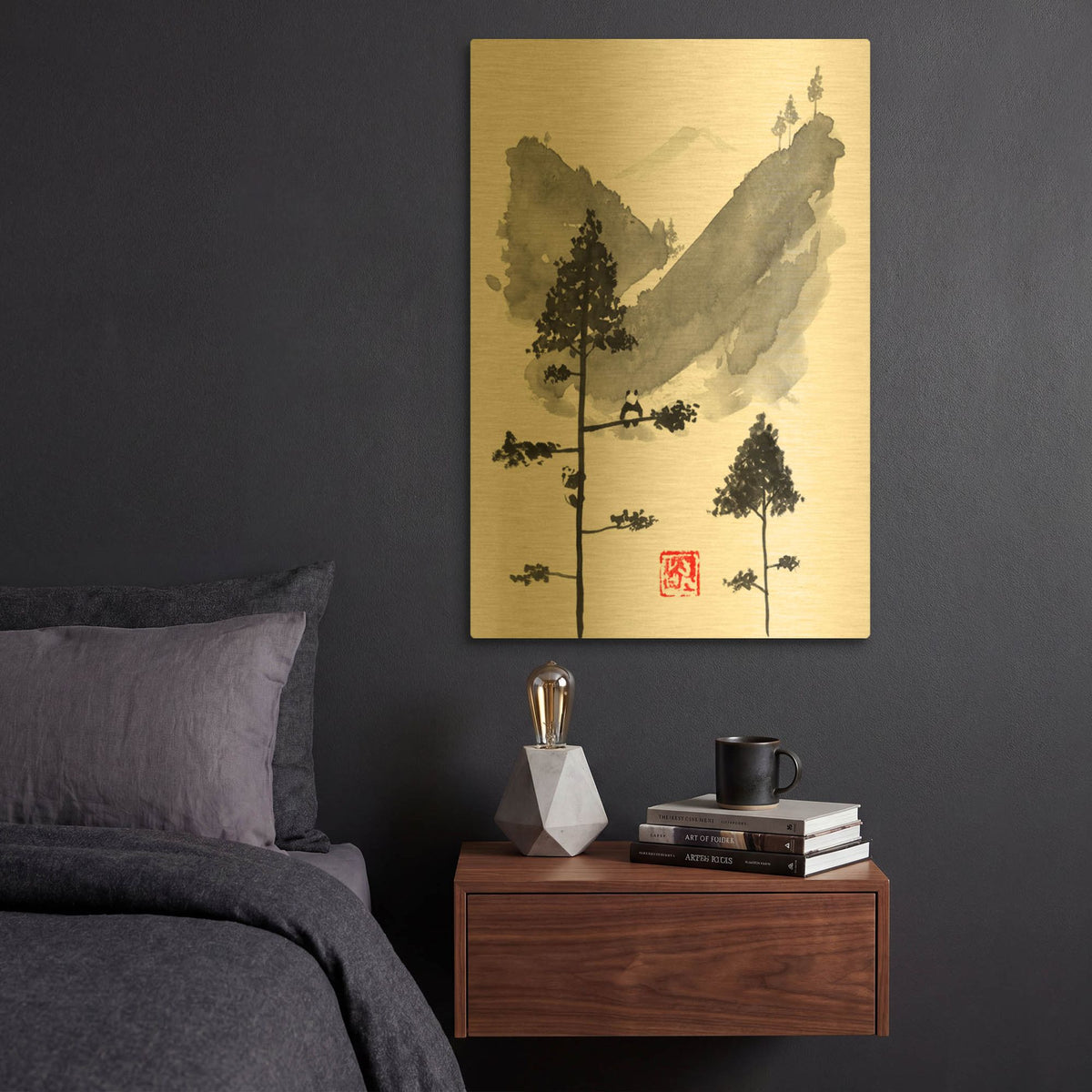 'Pandas Thoughts' By Pechane Gold Metal Wall Art