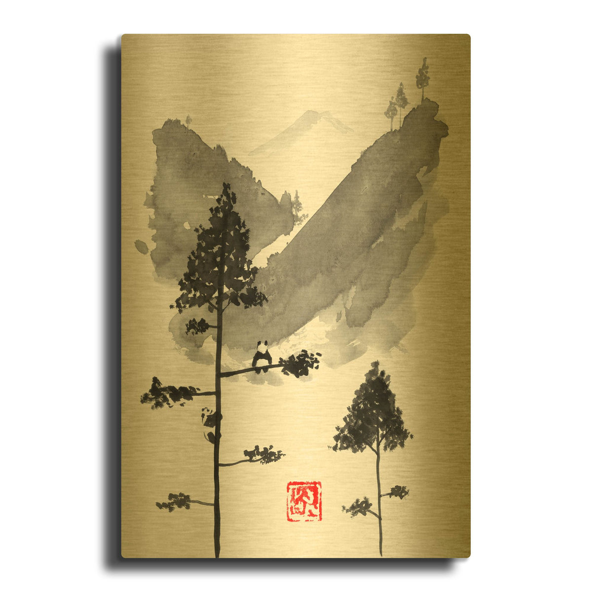 'Pandas Thoughts' By Pechane Gold Metal Wall Art