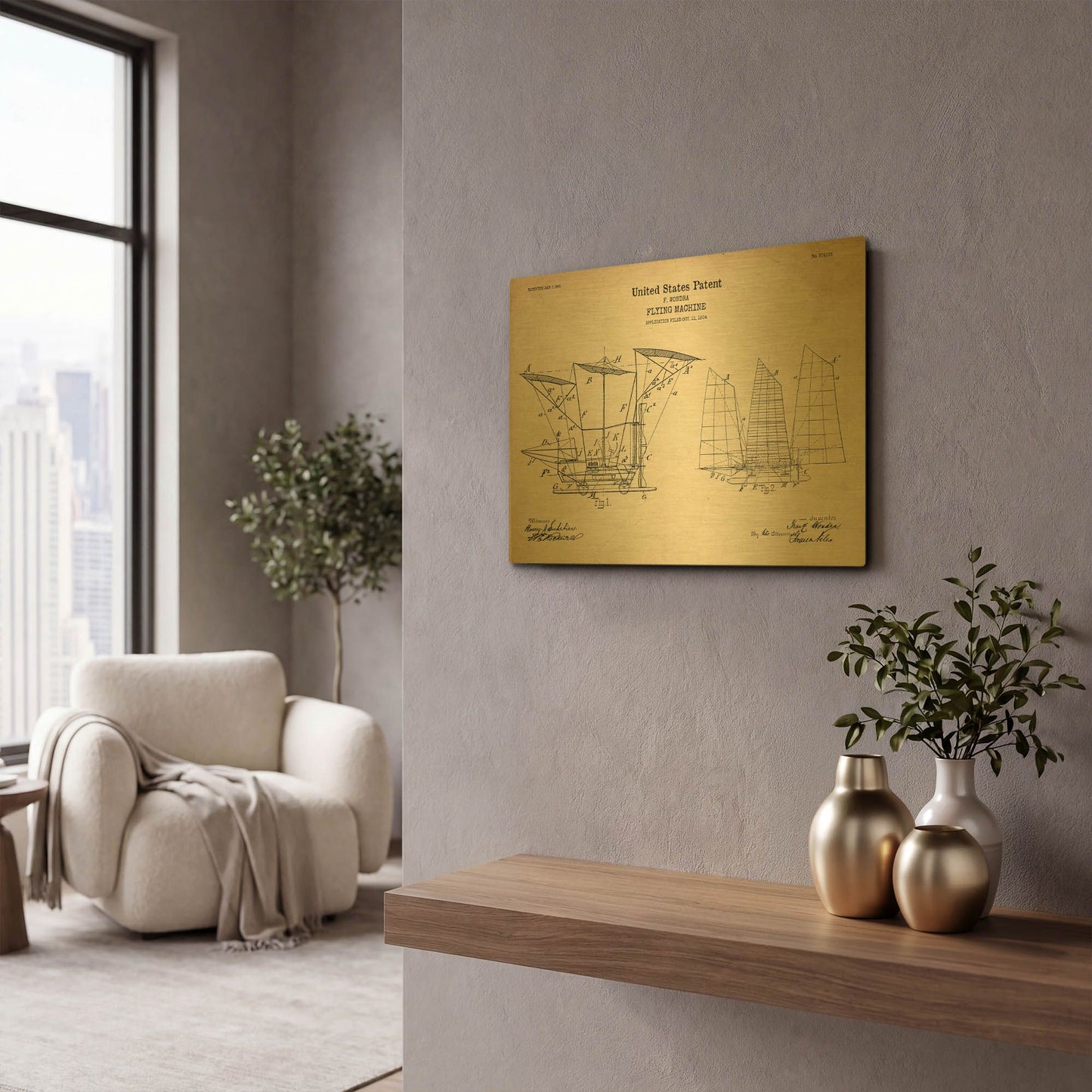 'Flying Machine, 1904 Blueprint Patent Parchment' By LUXE Gold Metal Wall Art