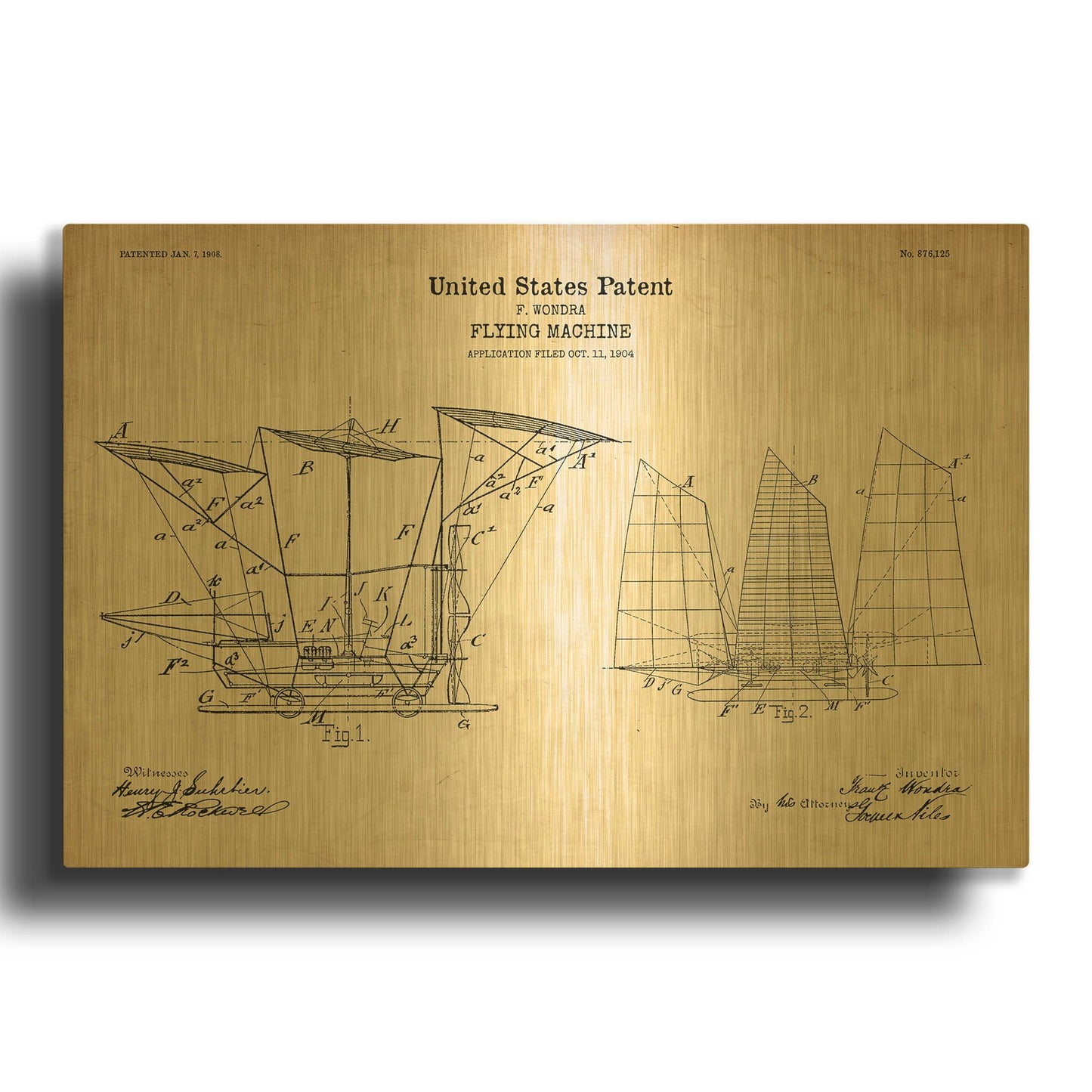 'Flying Machine, 1904 Blueprint Patent Parchment' By LUXE Gold Metal Wall Art