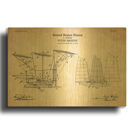 'Flying Machine, 1904 Blueprint Patent Parchment' By LUXE Gold Metal Wall Art