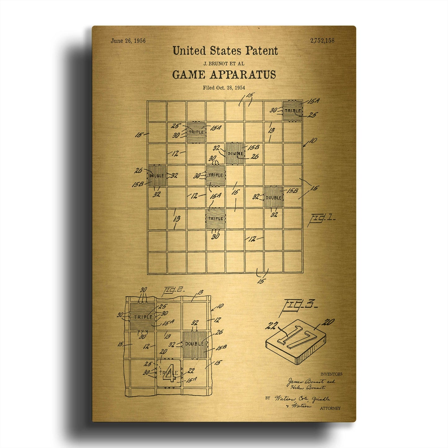 'Game Apparatus Blueprint Patent Parchment' By LUXE Gold Metal Wall Art
