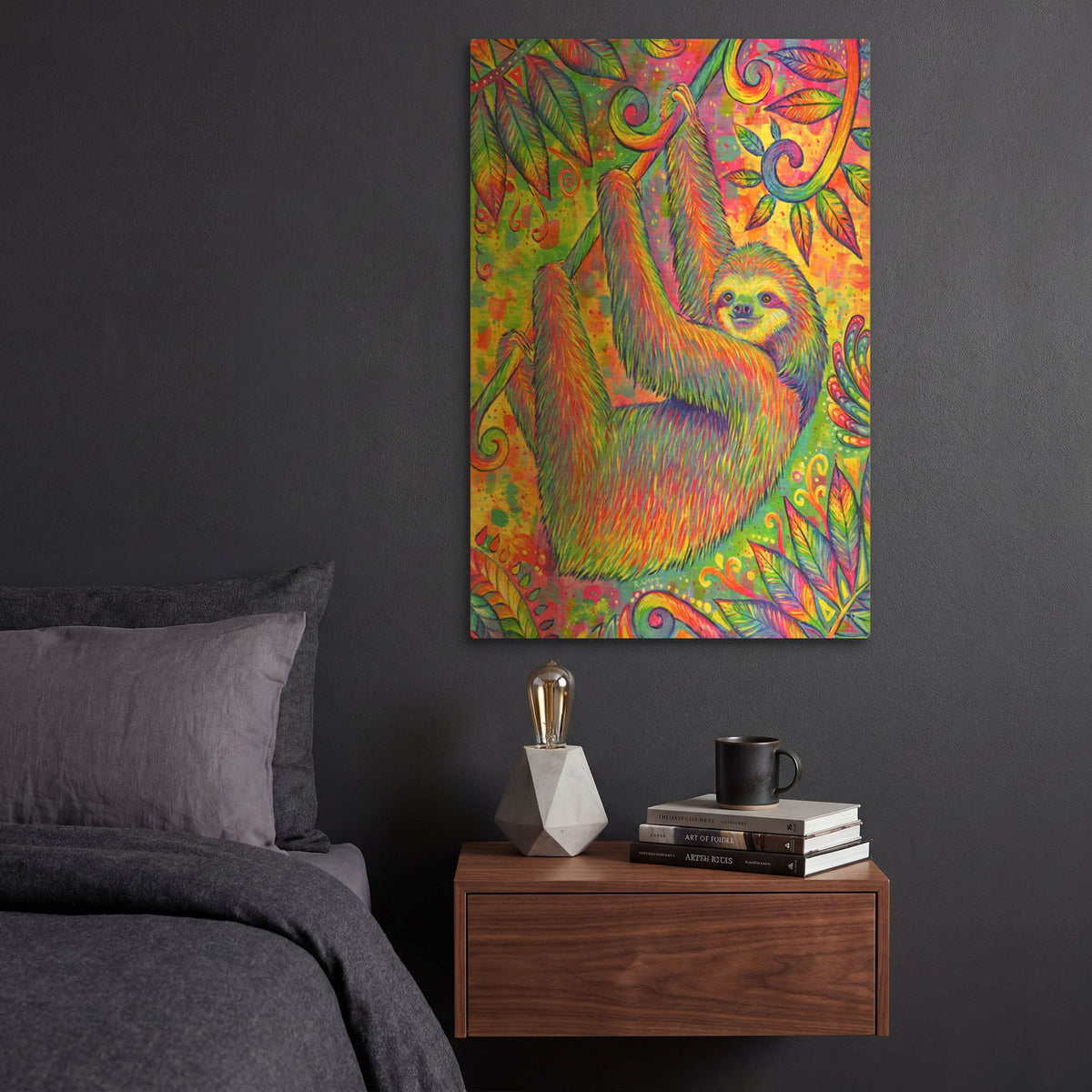 'Hanging Around Psychedelic Sloth' By Rebecca Wang Art Gold Metal Wall Art