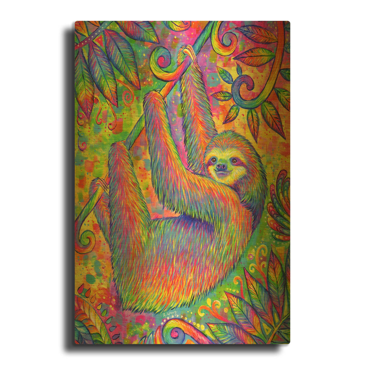 'Hanging Around Psychedelic Sloth' By Rebecca Wang Art Gold Metal Wall Art