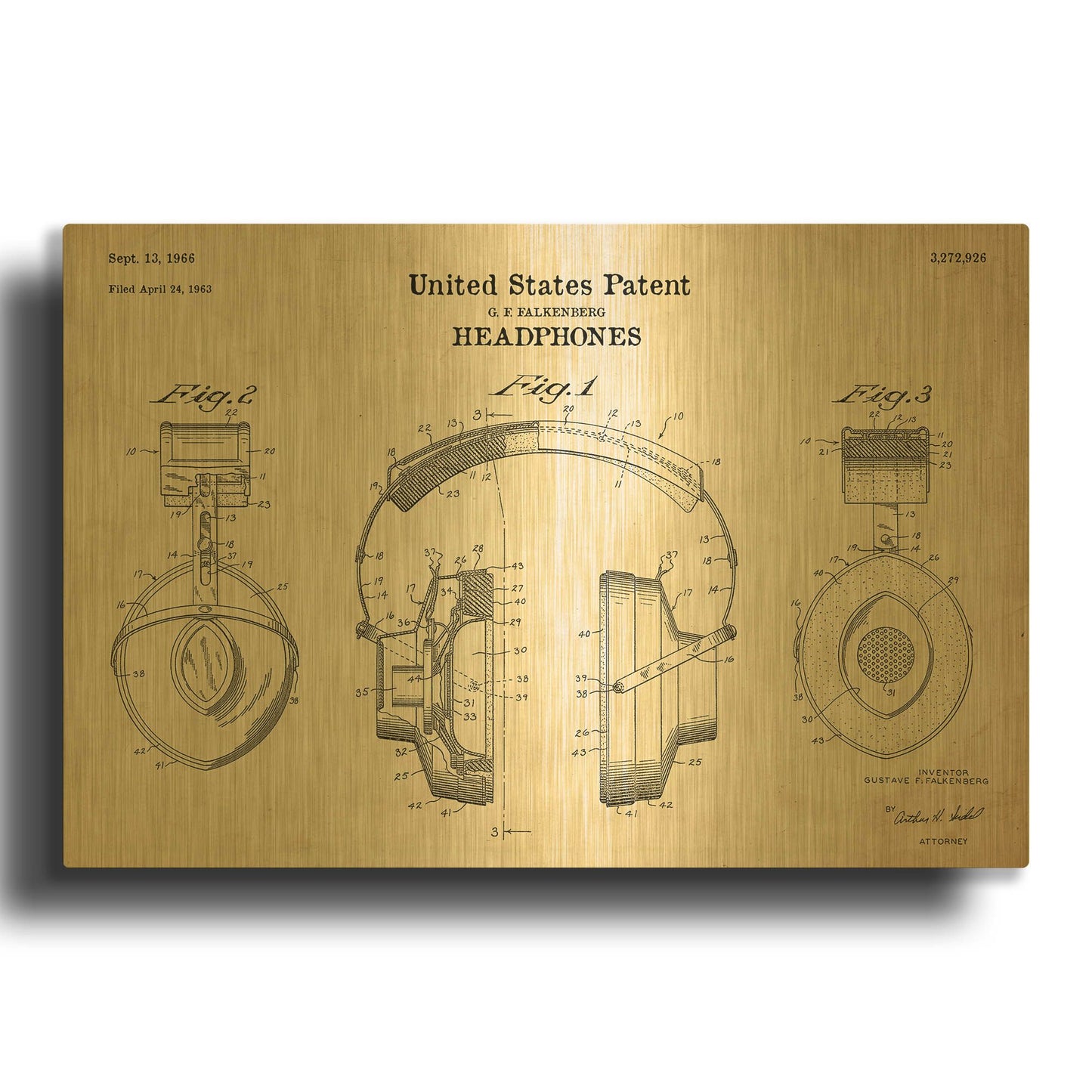 'Headphones Blueprint Patent Parchment' By LUXE Gold Metal Wall Art