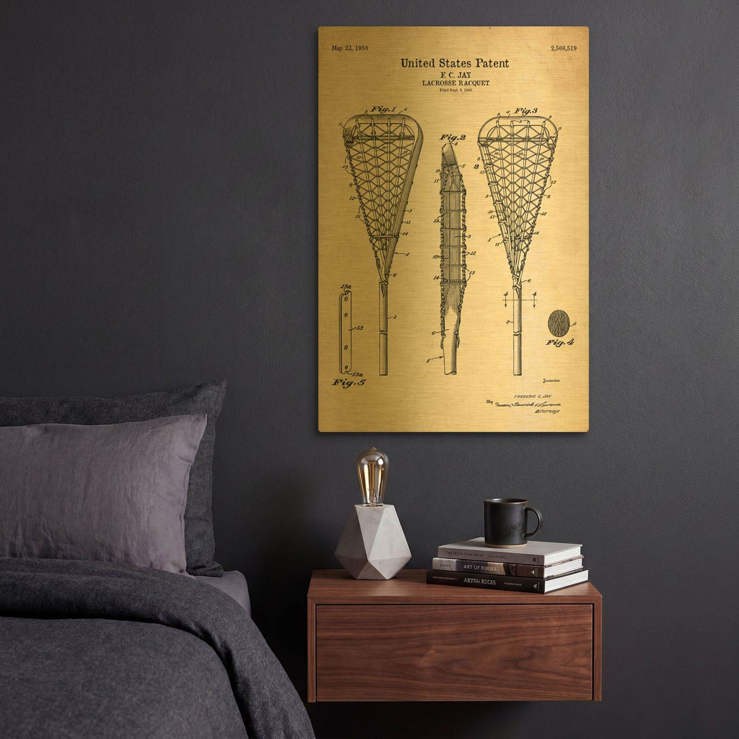 'Lacrosse Racquet Blueprint Patent Parchment' By LUXE Gold Metal Wall Art