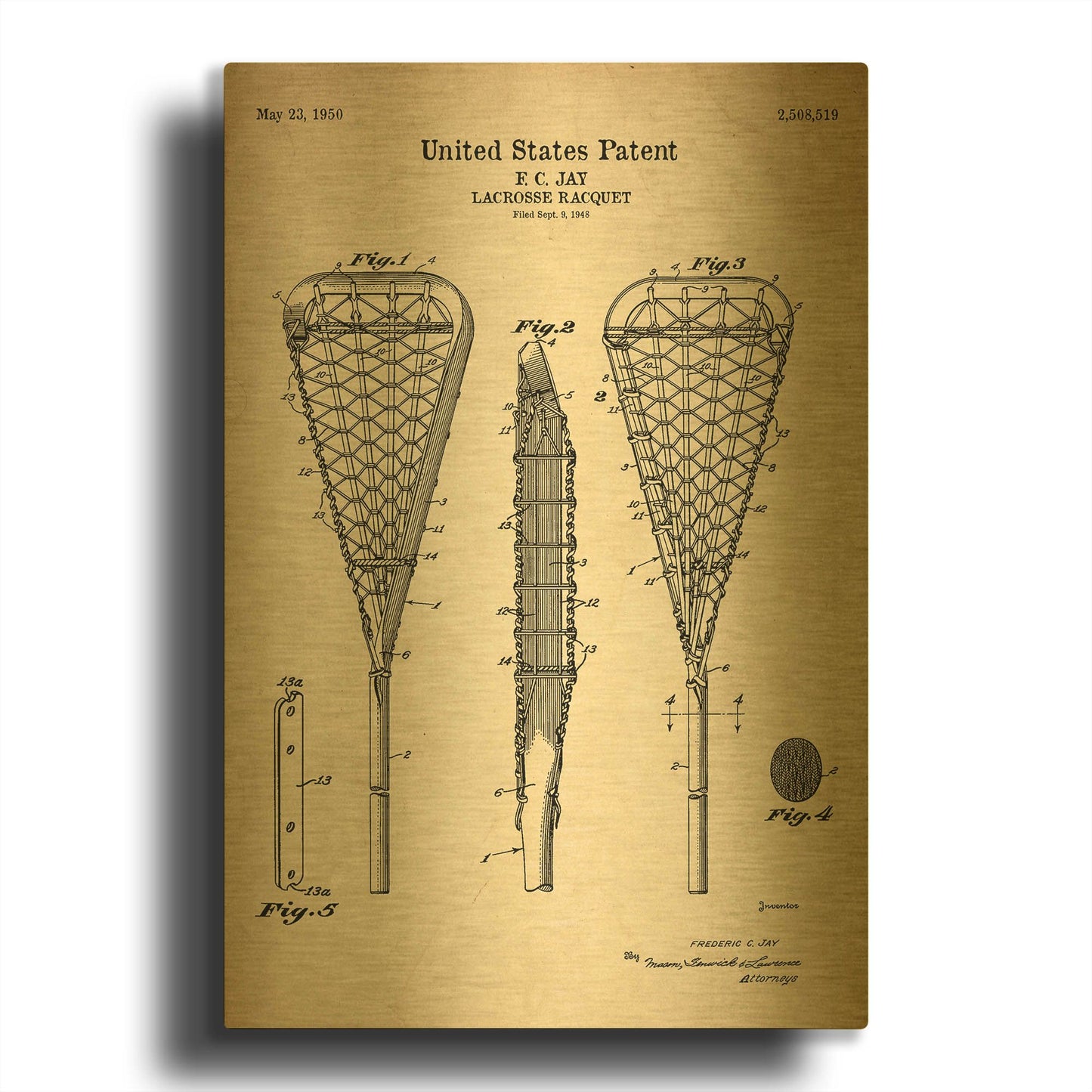 'Lacrosse Racquet Blueprint Patent Parchment' By LUXE Gold Metal Wall Art