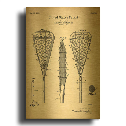 'Lacrosse Racquet Blueprint Patent Parchment' By LUXE Gold Metal Wall Art