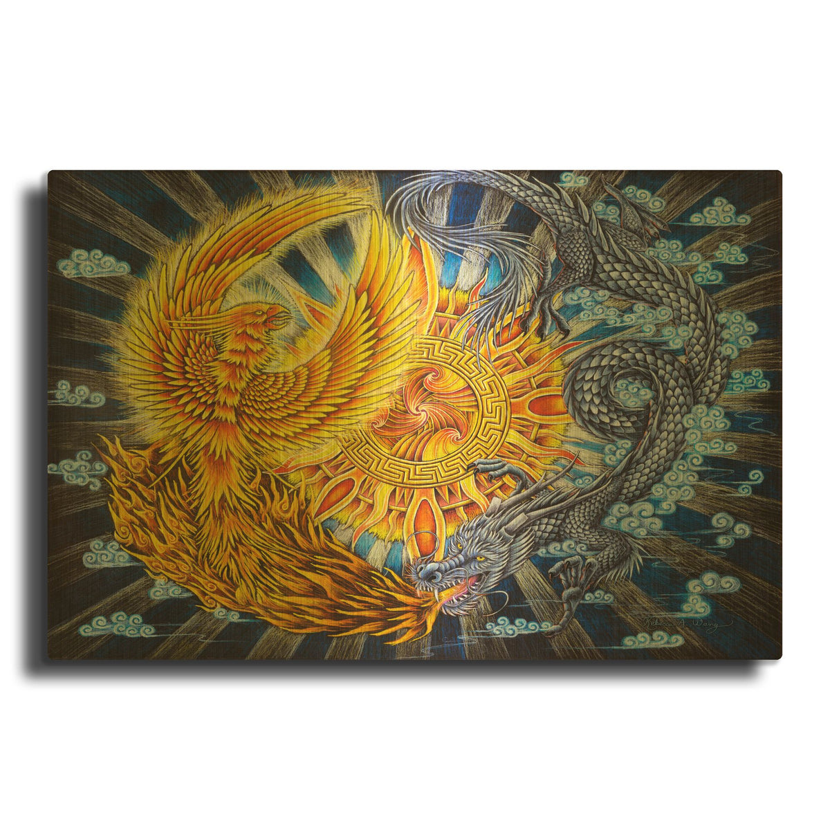 'Phoenix and Dragon' By Rebecca Wang Art Gold Metal Wall Art