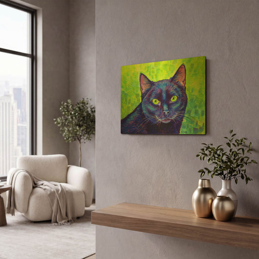 'Black Cat With Chartreuse Eyes' By Rebecca Wang Art Gold Metal Wall Art