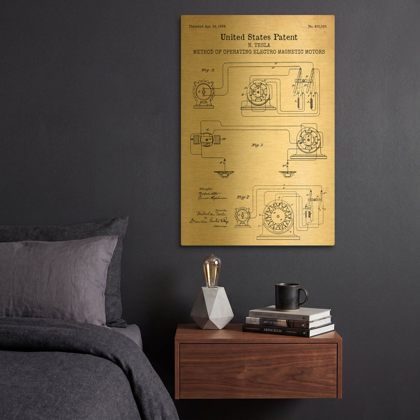 'Operating Tesla Motor Blueprint Patent Parchment' By LUXE Gold Metal Wall Art