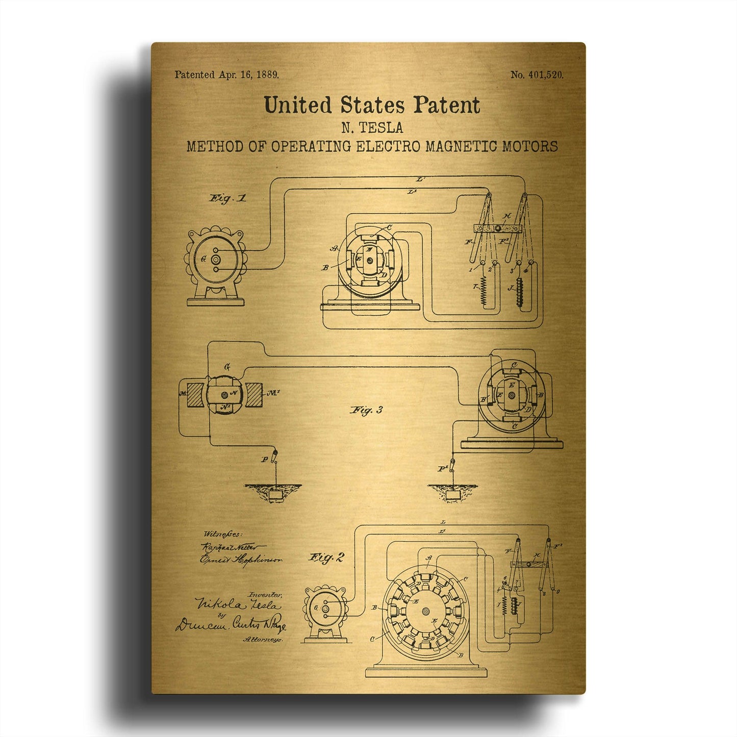 'Operating Tesla Motor Blueprint Patent Parchment' By LUXE Gold Metal Wall Art