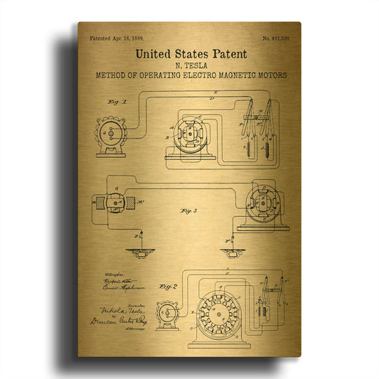 'Operating Tesla Motor Blueprint Patent Parchment' By LUXE Gold Metal Wall Art