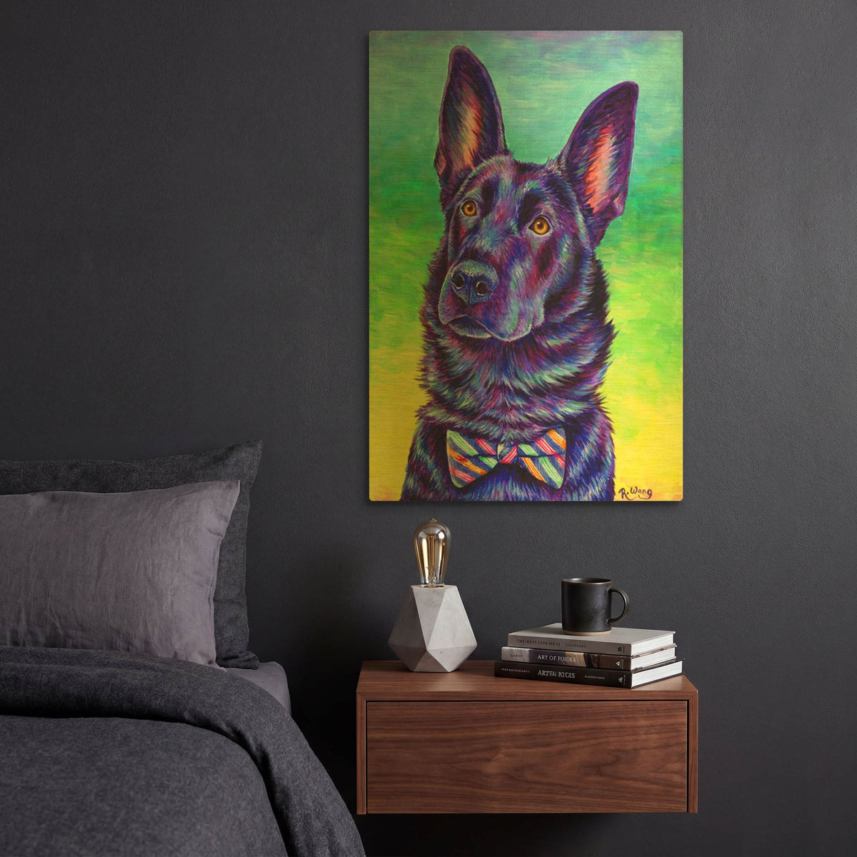 'Colorful Black German Shepherd' By Rebecca Wang Art Gold Metal Wall Art