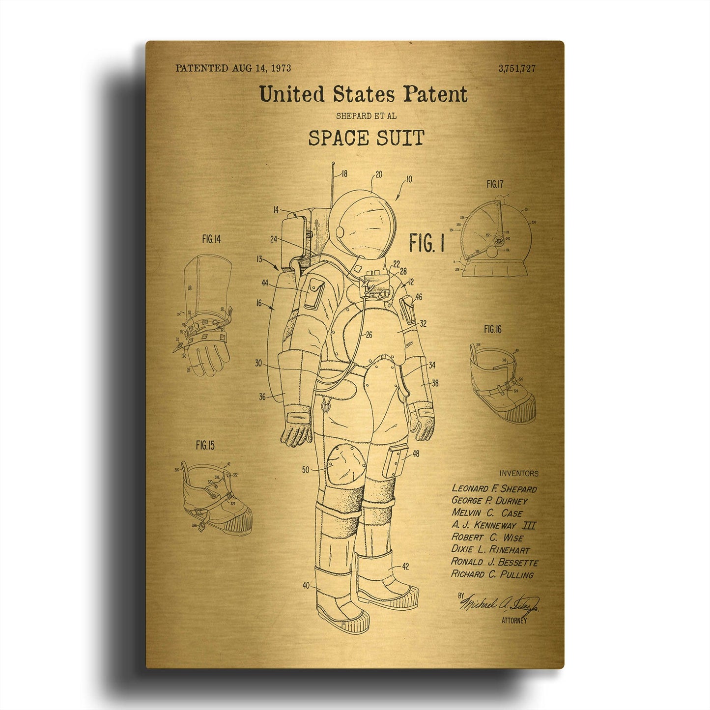 'Space Suit Blueprint Patent Parchment' By LUXE Gold Metal Wall Art