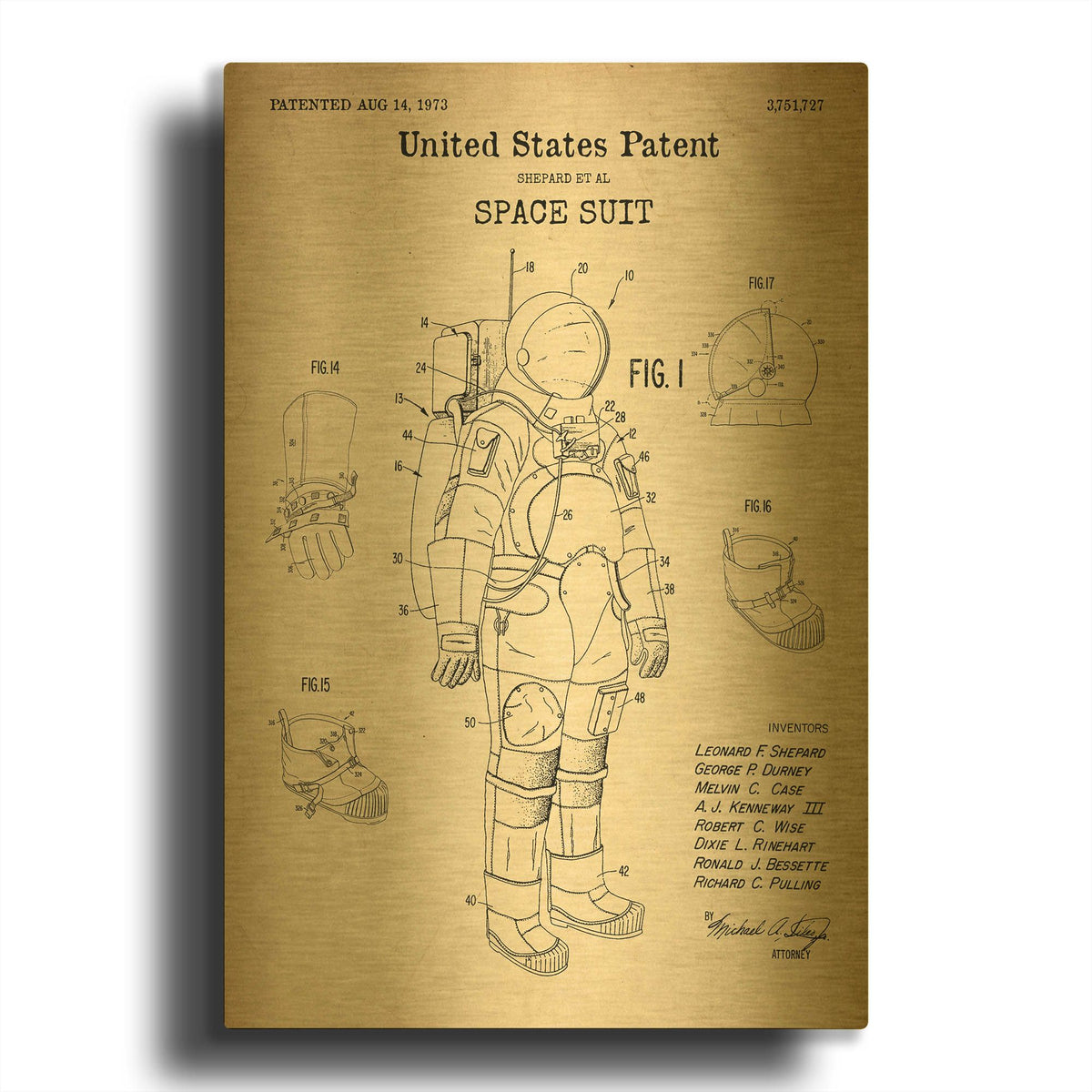 'Space Suit Blueprint Patent Parchment' By LUXE Gold Metal Wall Art