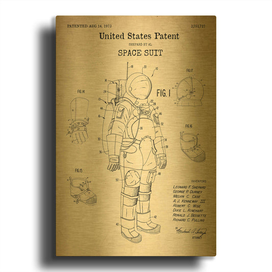 'Space Suit Blueprint Patent Parchment' By LUXE Gold Metal Wall Art