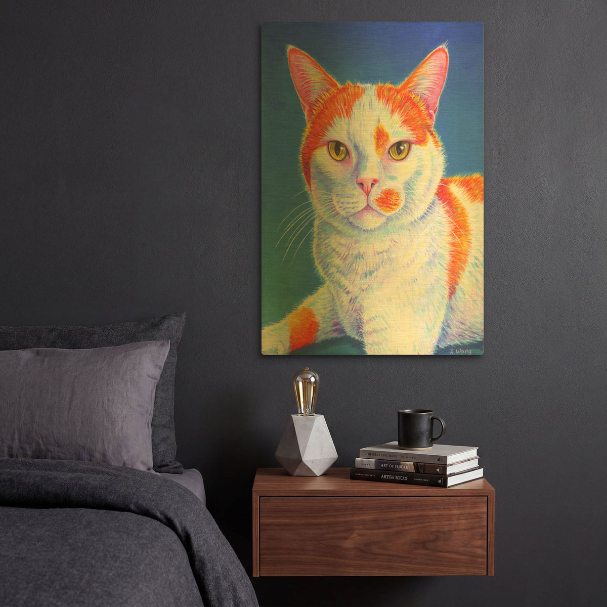 'Orange and White Cat on Blue' By Rebecca Wang Art Gold Metal Wall Art