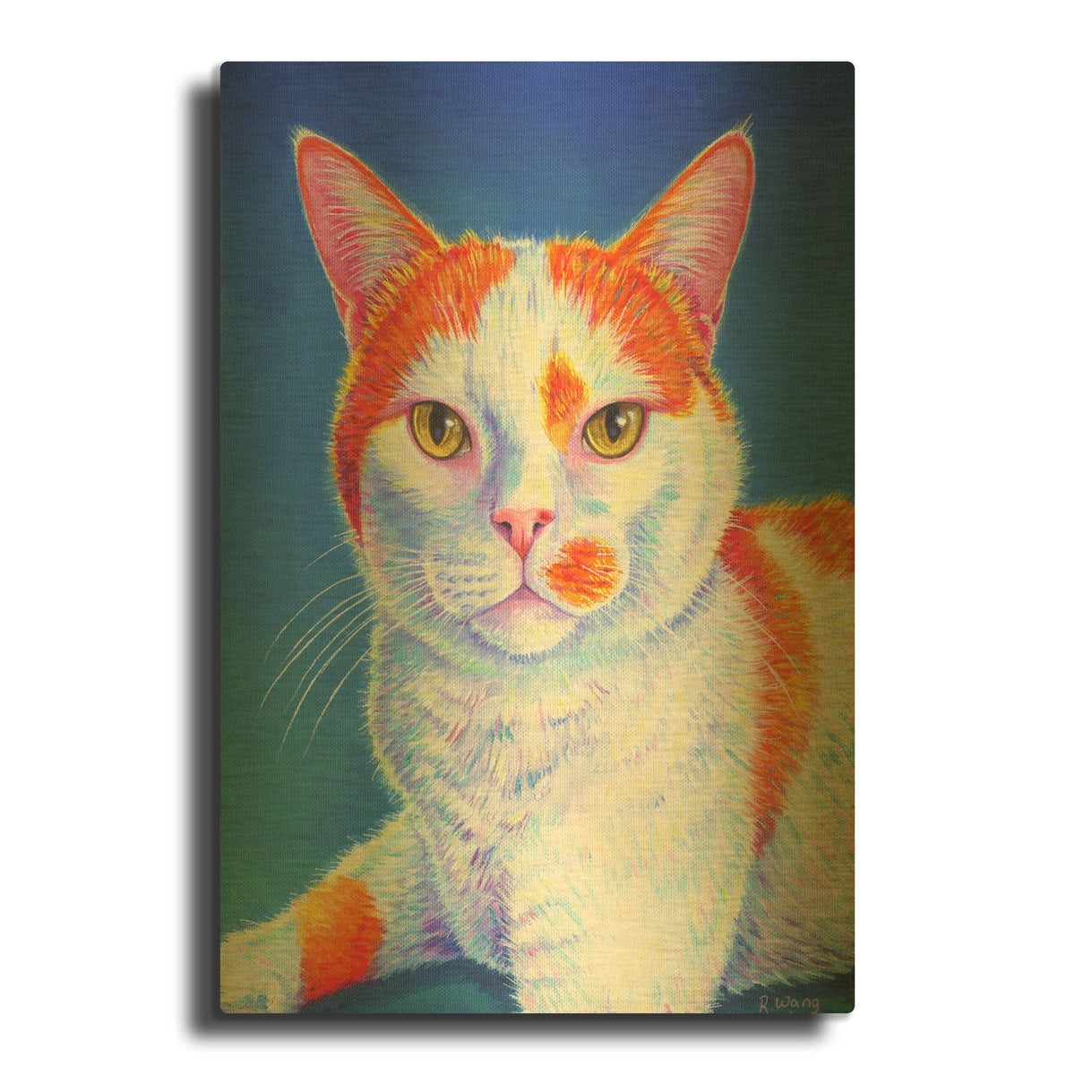 'Orange and White Cat on Blue' By Rebecca Wang Art Gold Metal Wall Art