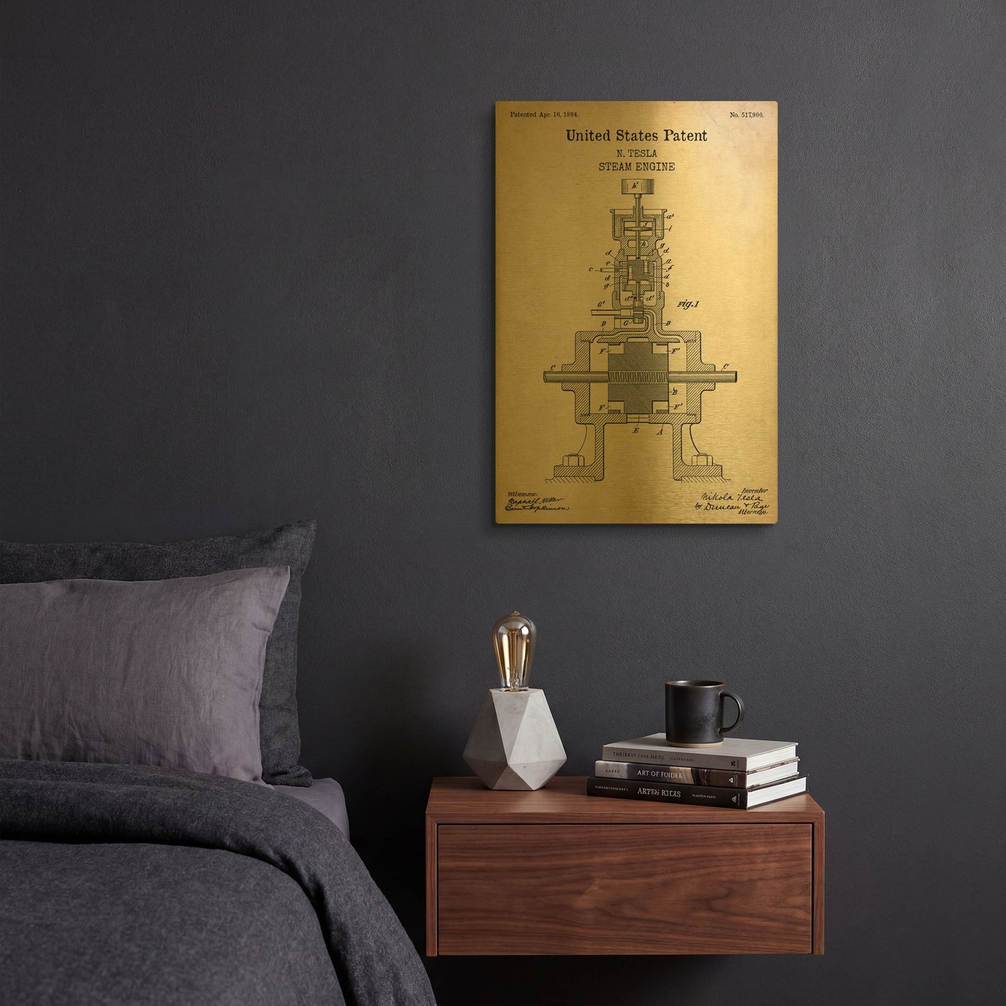 'Tesla Steam Engine Blueprint Patent Parchment' By LUXE Gold Metal Wall Art