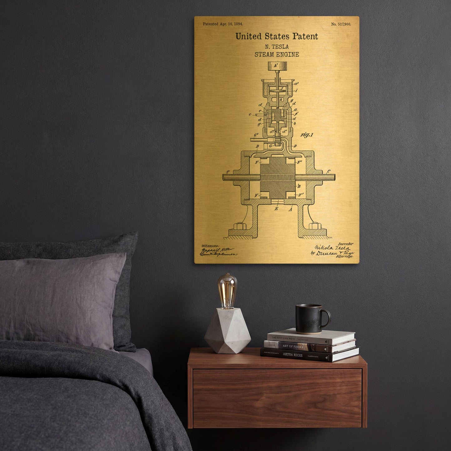 'Tesla Steam Engine Blueprint Patent Parchment' By LUXE Gold Metal Wall Art