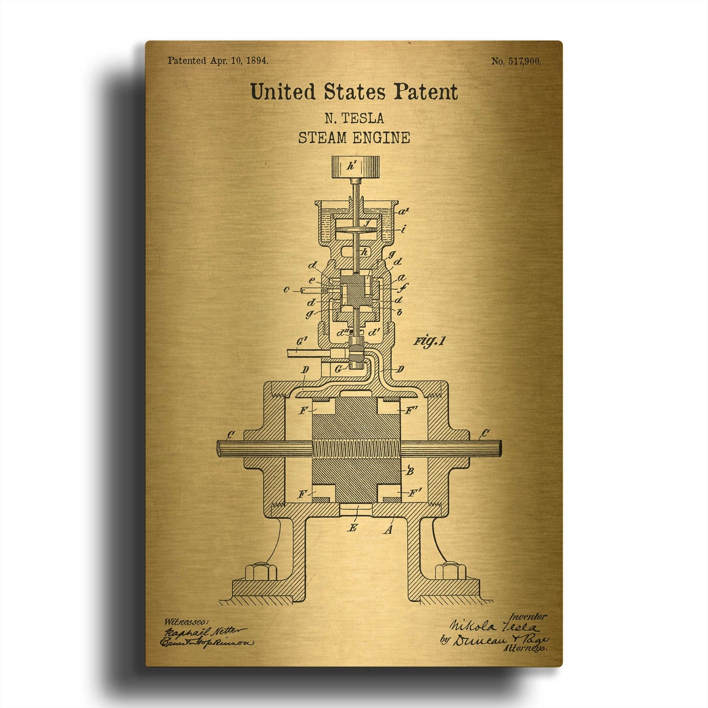 'Tesla Steam Engine Blueprint Patent Parchment' By LUXE Gold Metal Wall Art