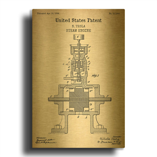 'Tesla Steam Engine Blueprint Patent Parchment' By LUXE Gold Metal Wall Art