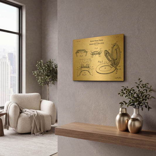 'Toilet Seat Cover Blueprint Patent Parchment' By LUXE Gold Metal Wall Art