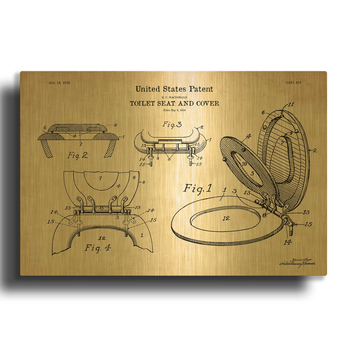 'Toilet Seat Cover Blueprint Patent Parchment' By LUXE Gold Metal Wall Art