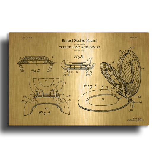 'Toilet Seat Cover Blueprint Patent Parchment' By LUXE Gold Metal Wall Art