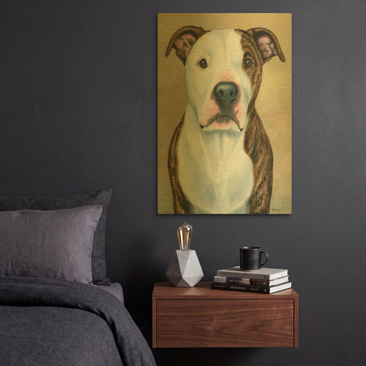'Brindle and White Pitbull Terrier' By Rebecca Wang Art Gold Metal Wall Art