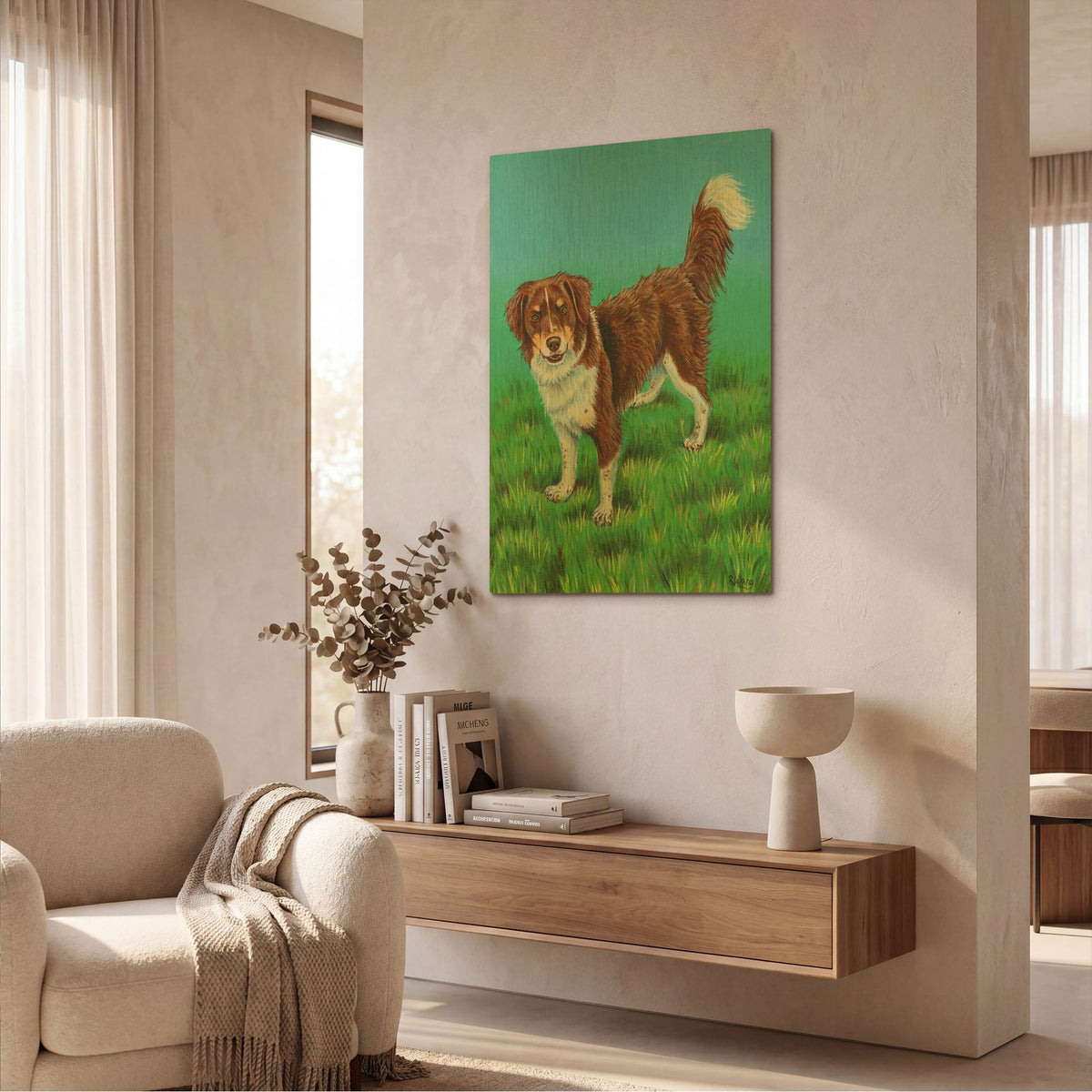 'Brown and White Dog' By Rebecca Wang Art Gold Metal Wall Art