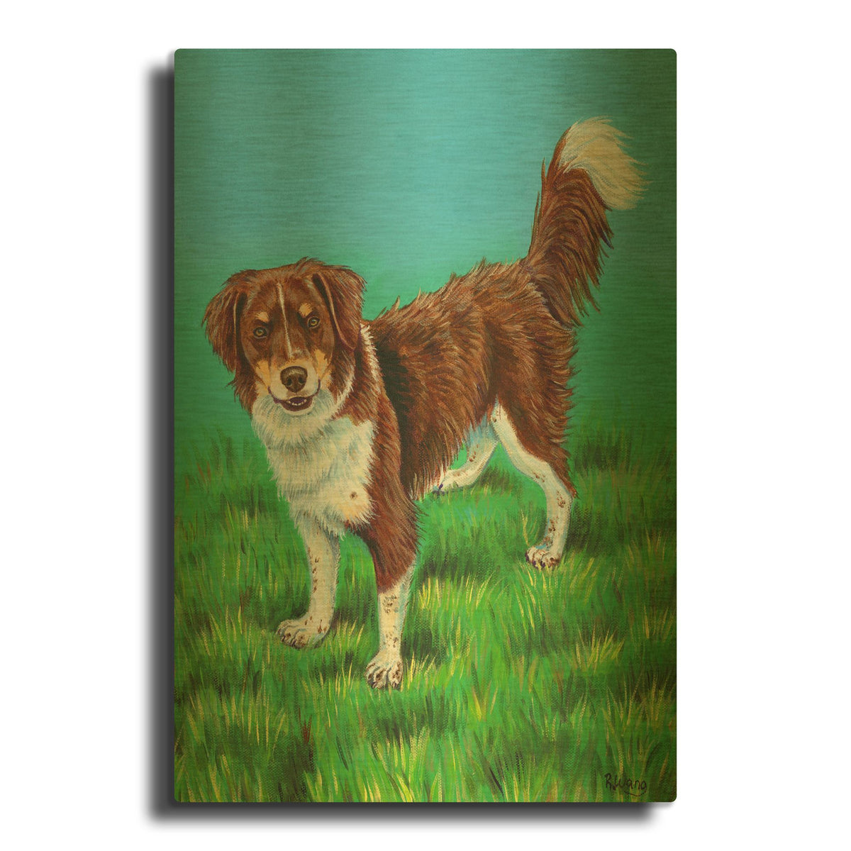 'Brown and White Dog' By Rebecca Wang Art Gold Metal Wall Art
