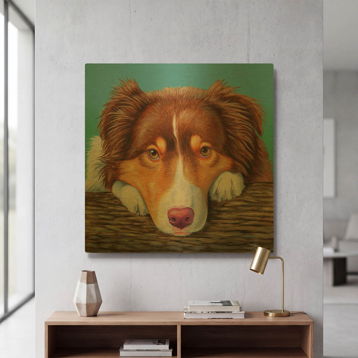 'Red Tricolor Australian Shepherd' By Rebecca Wang Art Gold Metal Wall Art