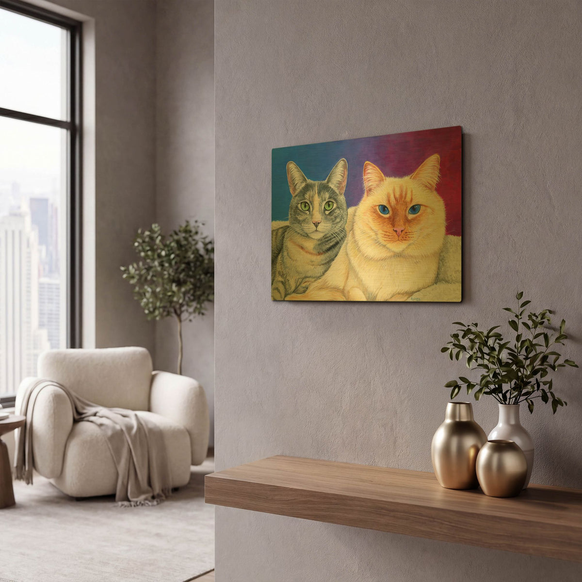 'Two Cute Cats' By Rebecca Wang Art Gold Metal Wall Art