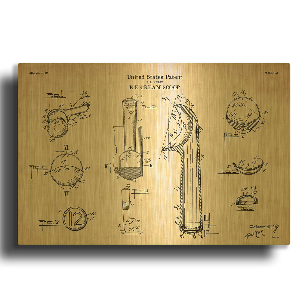 'Ice Cream Scoop Blueprint Patent Parchment' By LUXE Gold Metal Wall Art