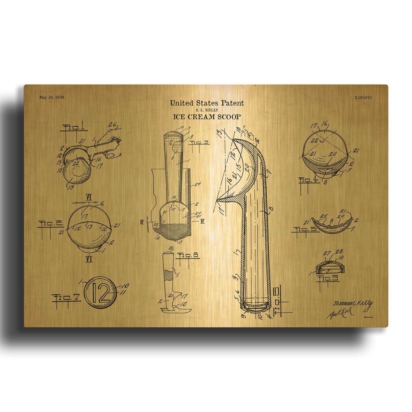 'Ice Cream Scoop Blueprint Patent Parchment' By LUXE Gold Metal Wall Art
