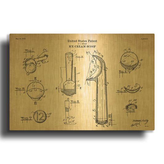 'Ice Cream Scoop Blueprint Patent Parchment' By LUXE Gold Metal Wall Art