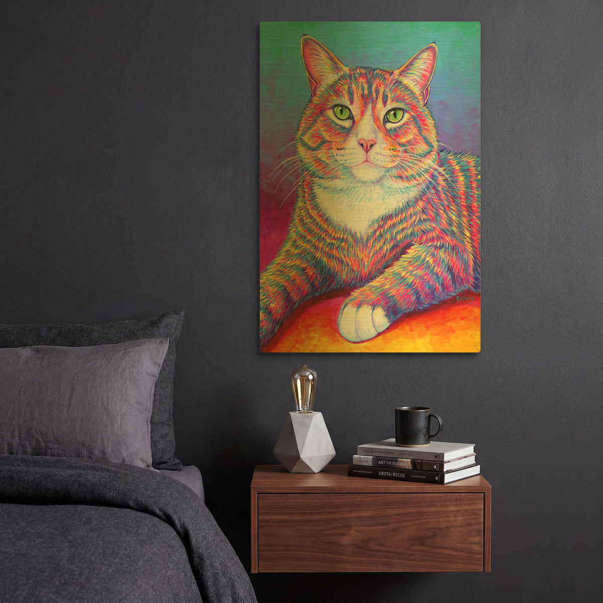 'Rainbow Brown and White Tabby Cat' By Rebecca Wang Art Gold Metal Wall Art