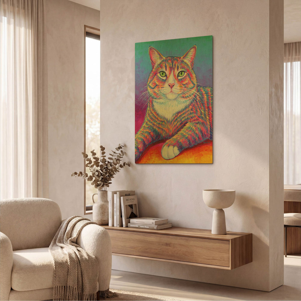 'Rainbow Brown and White Tabby Cat' By Rebecca Wang Art Gold Metal Wall Art
